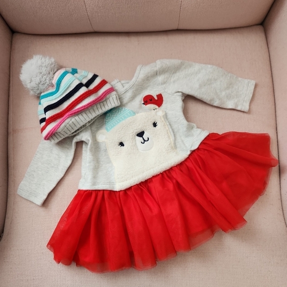 Vintage Gymboree 3-6 Months Winter Polar Bear Tulle dress with 0-6 months hat - Picture 1 of 4